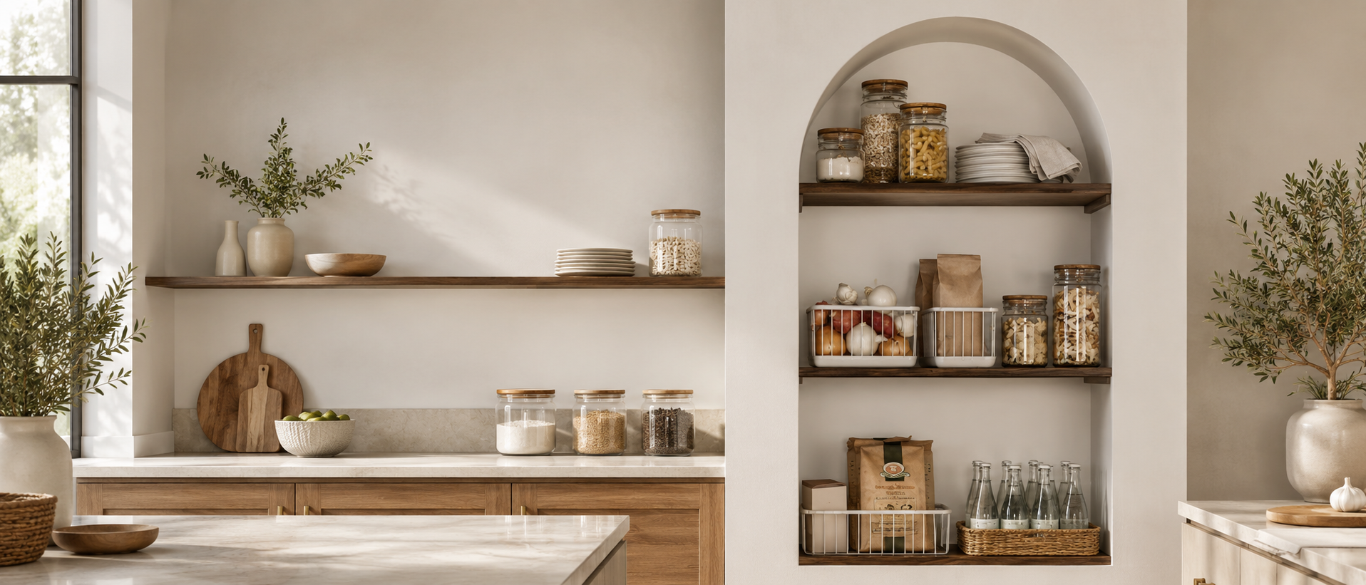 Kitchen canisters arranged in a warm everyday kitchen