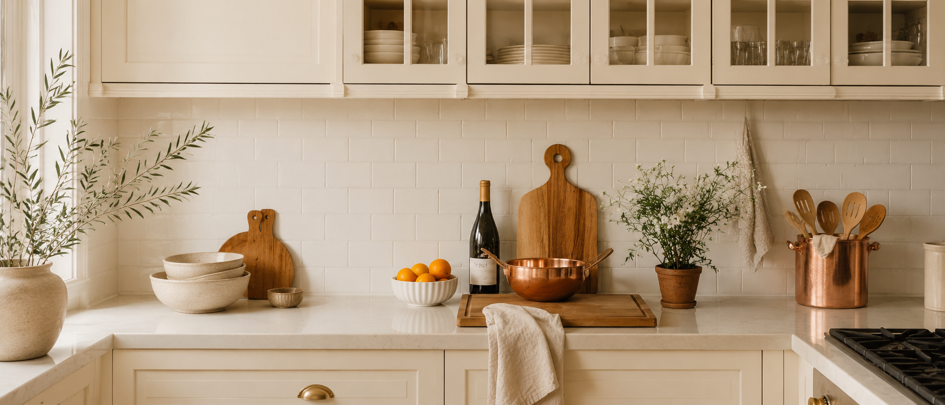 Everyday kitchen essentials styled in a warm and inviting space